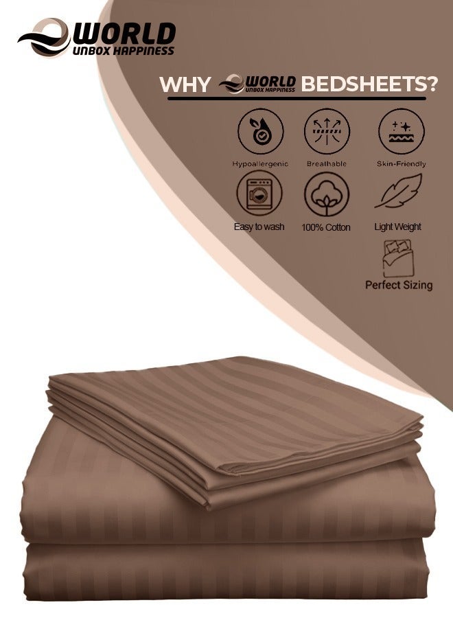 إي وورلد طقم ملاءات سرير فاخر مكون من 3 قطع باللون البني الداكن المخطط مع ملاءة عميقة الجيب وغطائي وسادة، مثالي للفنادق والمنازل، مصنوع من ألياف دقيقة فائقة النعومة وقابلة للتنفس لتوفير الراحة طوال العام (مفرد/مزدوج) - Image 3