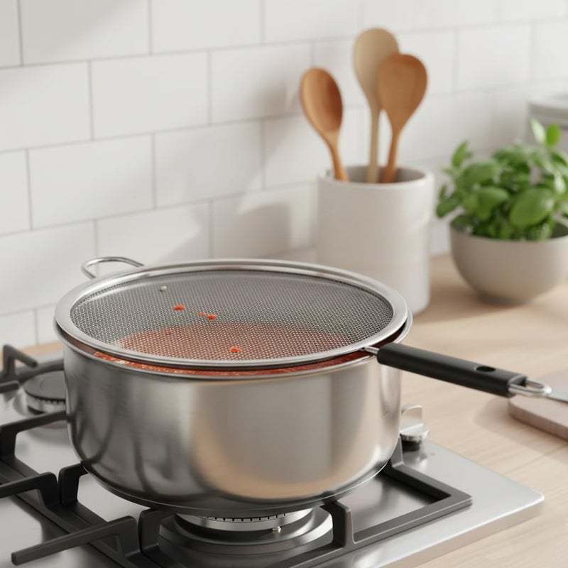 Generic Mesh Splatter Screen for Frying Pans, 29cm Diameter, Fine Metal Mesh with Heat-Resistant Handle, Oil Grease Guard.