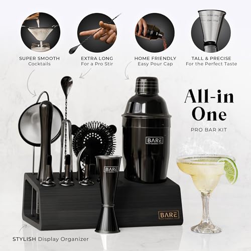 BARE BARREL® Mixology Bartender Kit Bar Set | 14-Piece Cocktail Shaker Set | Martini Barware Mixing Tools for Home Bartending | Incl. 35 Recipe Cards | Gift Set (24oz Cobbler Shaker, Jet Black/Black) - Image 2