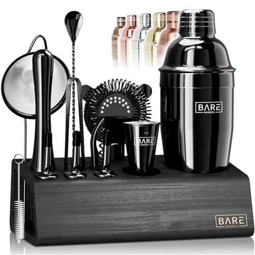 BARE BARREL® Mixology Bartender Kit Bar Set | 14-Piece Cocktail Shaker Set | Martini Barware Mixing Tools for Home Bartending | Incl. 35 Recipe Cards | Gift Set (24oz Cobbler Shaker, Jet Black/Black) - Image 1