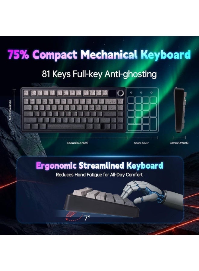 AULA F75 MAX mechanical gaming keyboard is a three-mode wireless keyboard with a TFT screen, joystick, and hot-swappable keys. It features a creamy gasket design and supports 2.4GHz Type-C cable and Bluetooth 5.0 connectivity for PC, Mac, and desktop. - Image 4