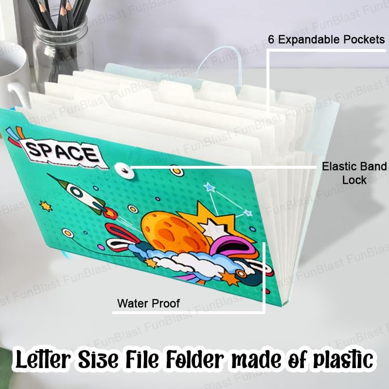 FunBlast Space Theme A4 Paper File Folder With Elastic Band Lock Pack Of 2 Pcs Space Theme Certificates Holder With 12 Pockets,Office Documents File,Expandable Folders For Documents (Random Colour),Multicolor - Image 3
