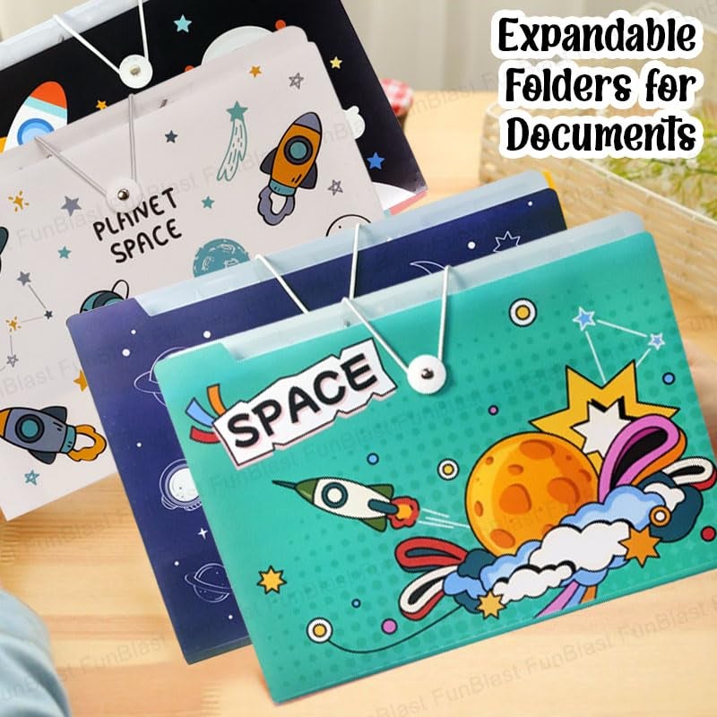 FunBlast Space Theme A4 Paper File Folder With Elastic Band Lock Pack Of 2 Pcs Space Theme Certificates Holder With 12 Pockets,Office Documents File,Expandable Folders For Documents (Random Colour),Multicolor - Image 4