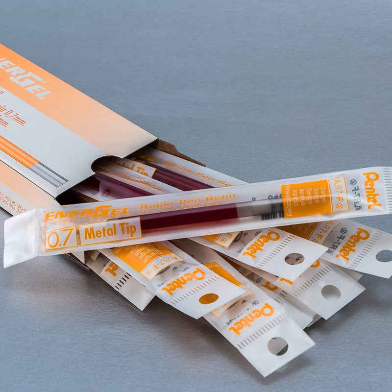 Pentel حبر إعادة تعبئة بنتل لقلم إنرجل وقلم لانسيلوت الجل، (0.7 مم) طرف معدني، حبر برتقالي، عبوة من 12 (LR7-F) - Image 4