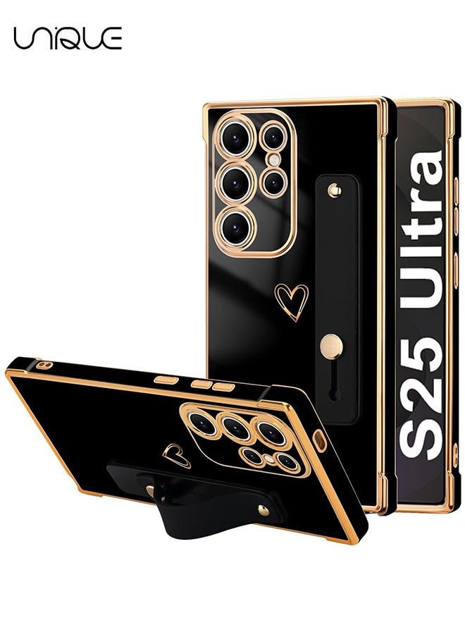 يونيك متوافق مع حافظة Samsung Galaxy S25 Ultra - مسند حزام معصم قابل للتعديل - قلب لطيف فاخر مطلي بالذهب - غطاء واقي للنساء والفتيات والرجال - أسود - Image 1
