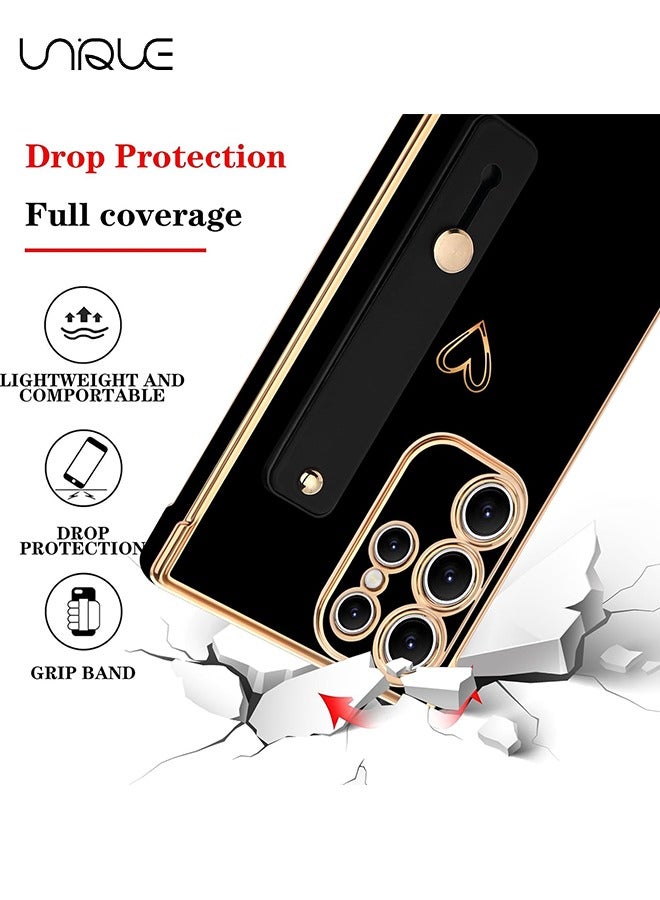 يونيك متوافق مع حافظة Samsung Galaxy S25 Ultra - مسند حزام معصم قابل للتعديل - قلب لطيف فاخر مطلي بالذهب - غطاء واقي للنساء والفتيات والرجال - أسود - Image 2