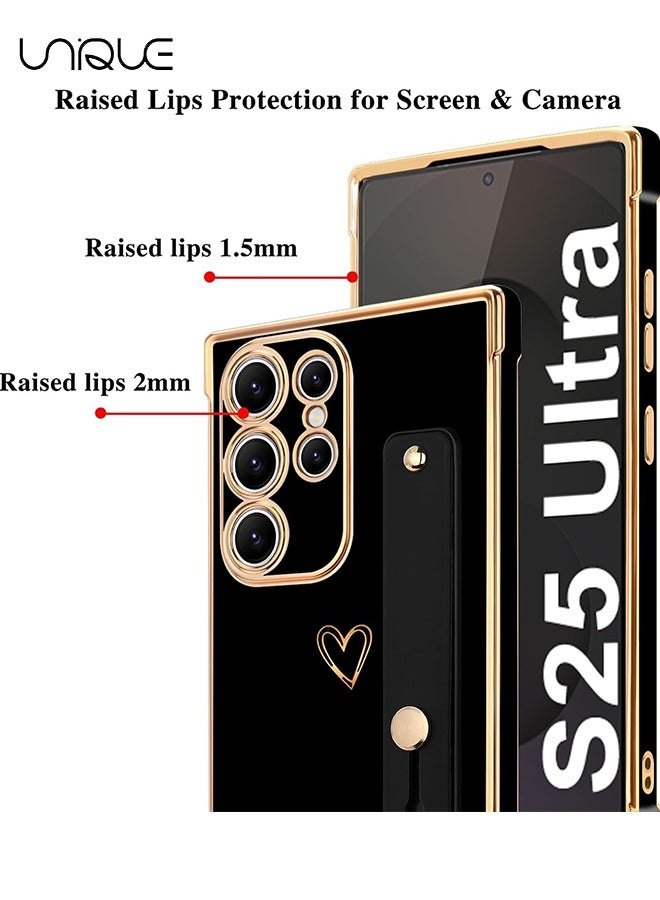 يونيك متوافق مع حافظة Samsung Galaxy S25 Ultra - مسند حزام معصم قابل للتعديل - قلب لطيف فاخر مطلي بالذهب - غطاء واقي للنساء والفتيات والرجال - أسود - Image 3