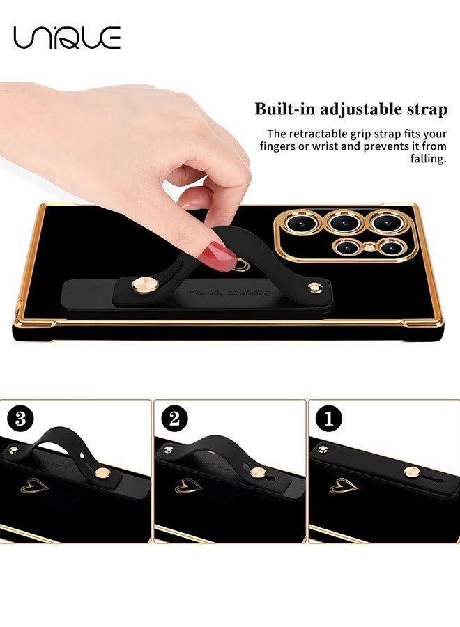 يونيك متوافق مع حافظة Samsung Galaxy S25 Ultra - مسند حزام معصم قابل للتعديل - قلب لطيف فاخر مطلي بالذهب - غطاء واقي للنساء والفتيات والرجال - أسود - Image 4