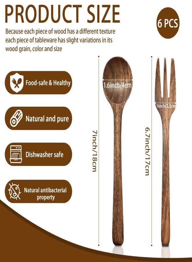 luluxing 6pcs Wood Soup Spoons And Forks Sets,7inch Wood Eating Utensil,3 Spoons&3 Forks,Reusable Tableware,for Savoring Delicacies, Cooking, Picnicking,Camping,Bento - Image 2