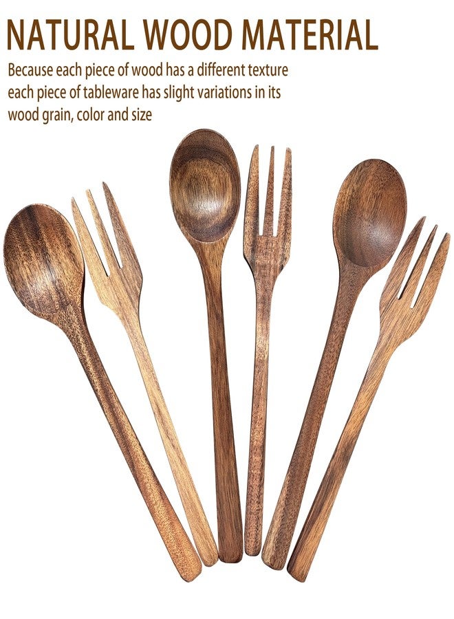 luluxing 6pcs Wood Soup Spoons And Forks Sets,7inch Wood Eating Utensil,3 Spoons&3 Forks,Reusable Tableware,for Savoring Delicacies, Cooking, Picnicking,Camping,Bento - Image 5