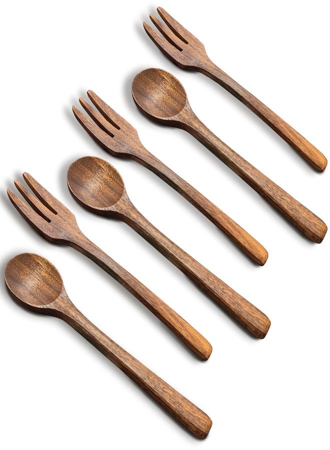luluxing 6pcs Wood Soup Spoons And Forks Sets,7inch Wood Eating Utensil,3 Spoons&3 Forks,Reusable Tableware,for Savoring Delicacies, Cooking, Picnicking,Camping,Bento - Image 1