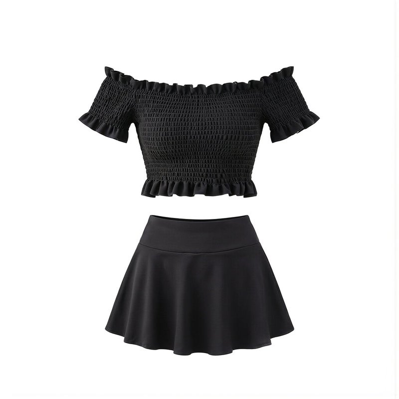 Women Black Two Piece Skirt Swimsuit Soft Fabric Conservative Swimwear S - Image 1