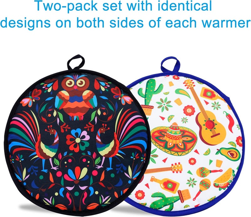 Eichzer 12 Inch Tortilla Warmer 2Pcs, Insulated Cloth Pouch for Tortillas, Tacos, Naan, and Pizza Rolls, Microwavable Fabric Bag Keeps Food Warm for One Hour (Lucky Birds Mexican Style) - Image 2