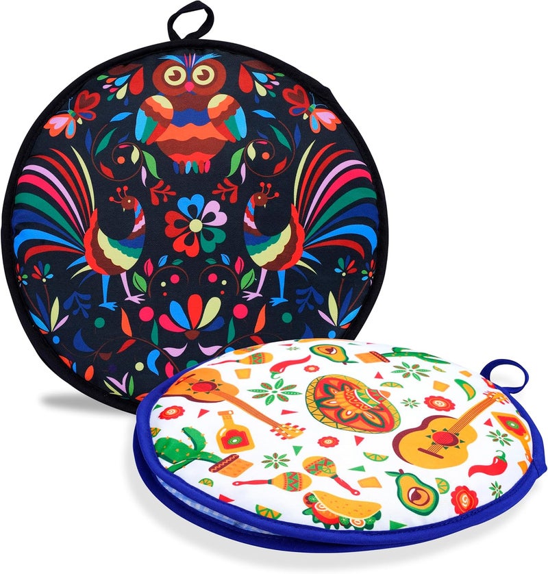 Eichzer 12 Inch Tortilla Warmer 2Pcs, Insulated Cloth Pouch for Tortillas, Tacos, Naan, and Pizza Rolls, Microwavable Fabric Bag Keeps Food Warm for One Hour (Lucky Birds Mexican Style) - Image 1