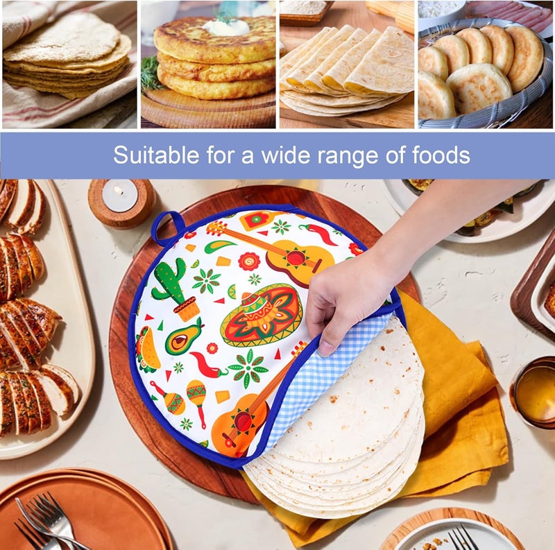 Eichzer 12 Inch Tortilla Warmer 2Pcs, Insulated Cloth Pouch for Tortillas, Tacos, Naan, and Pizza Rolls, Microwavable Fabric Bag Keeps Food Warm for One Hour (Lucky Birds Mexican Style) - Image 5