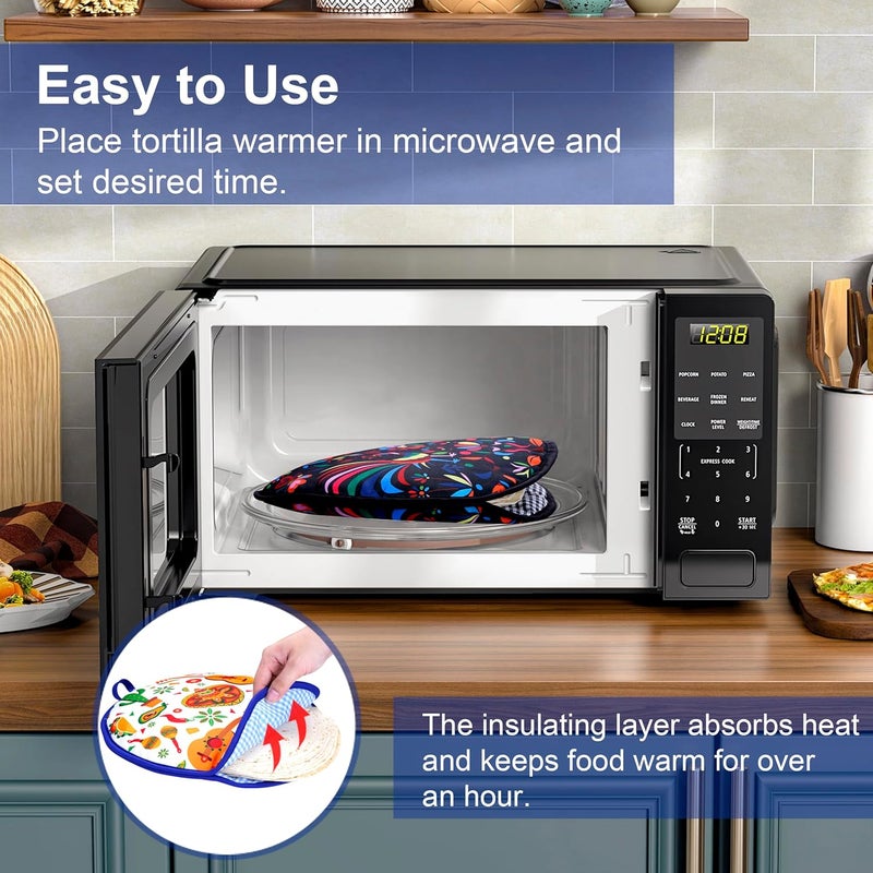 Eichzer 12 Inch Tortilla Warmer 2Pcs, Insulated Cloth Pouch for Tortillas, Tacos, Naan, and Pizza Rolls, Microwavable Fabric Bag Keeps Food Warm for One Hour (Lucky Birds Mexican Style) - Image 4