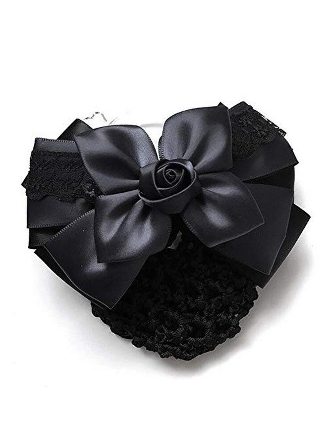 Natuworld Women Hair Bun Cover Net Snood Hairnet Bowknot Decor Satin Bow Barrette French Hair Clip Bow Ribbon Flower Hair Accessories For Stewardess Banks Hotels Restaurant Staff (Black) - Image 3