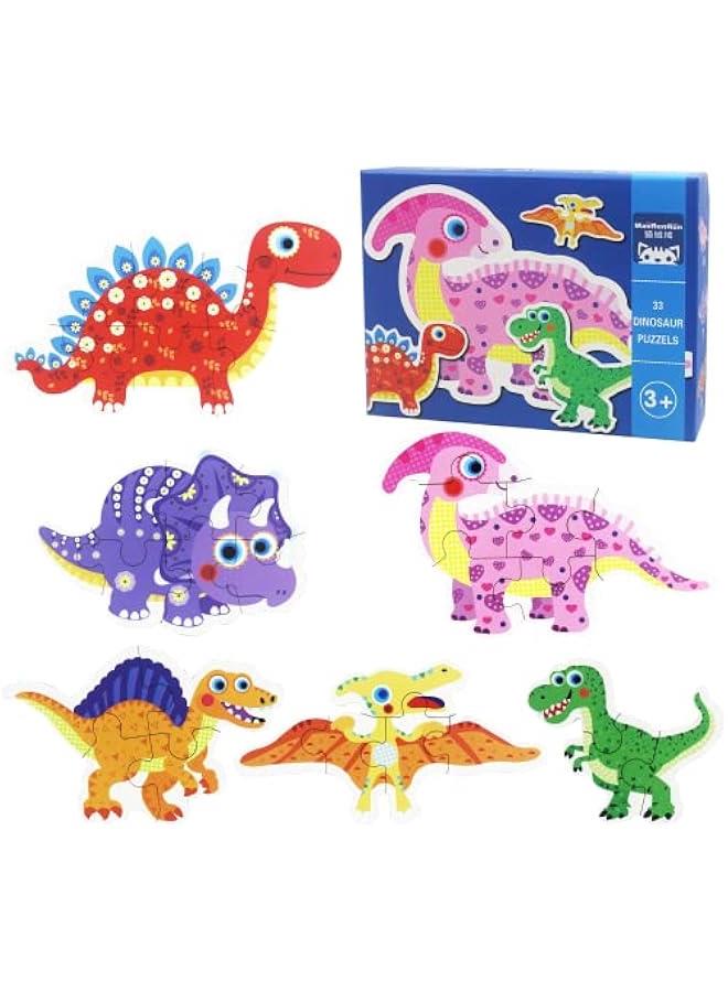 6 Packs Dinosaur Wooden Shaped Jigsaw Puzzles for Toddlers Ages 1 2 3, Level-up Puzzles for Beginner, Montessori Learning Toys Preschool Educational Activity for Kids Ages 2-5 - Image 1