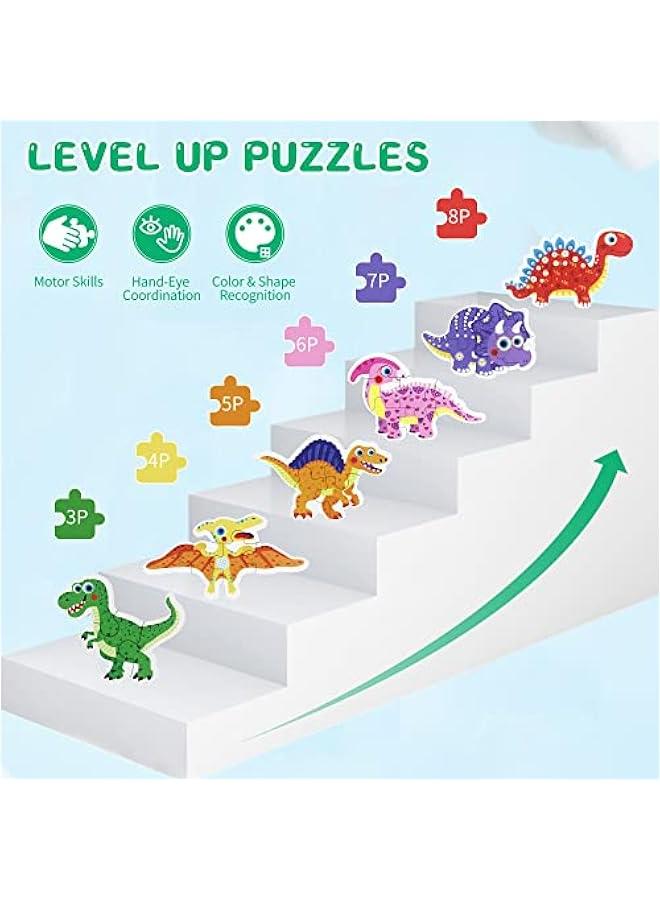 6 Packs Dinosaur Wooden Shaped Jigsaw Puzzles for Toddlers Ages 1 2 3, Level-up Puzzles for Beginner, Montessori Learning Toys Preschool Educational Activity for Kids Ages 2-5 - Image 2
