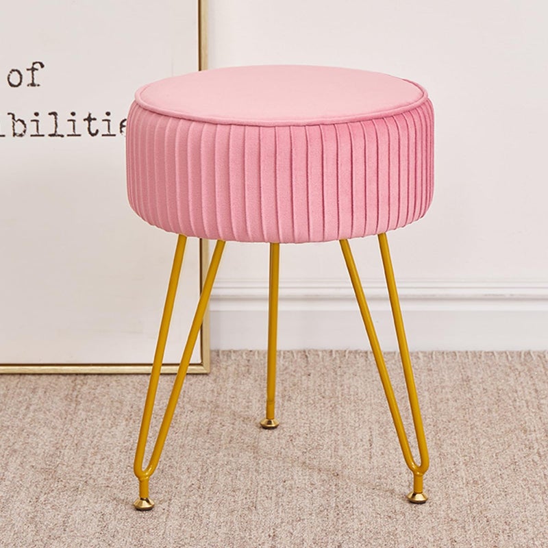 Leesingdo Velvet Vanity Stool Modern Ottoman Foot Rest Stool with Adjustable Golden Legs Makeup Chair for Vanity Multifunctional Small Vanity Chair for Bedroom Pink