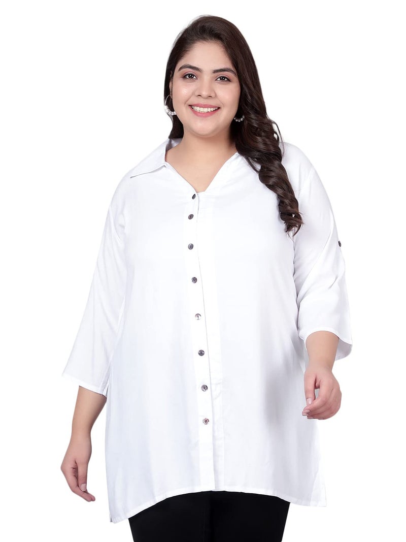 Indietoga Women's Plus Size Rayon Longline Casual Regular Fit Shirts (P10001365_White Solid_7Xl) - Image 1