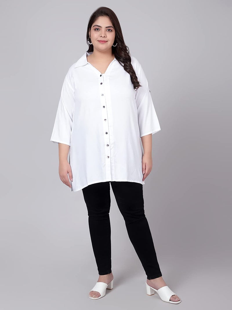 Indietoga Women's Plus Size Rayon Longline Casual Regular Fit Shirts (P10001365_White Solid_7Xl) - Image 4
