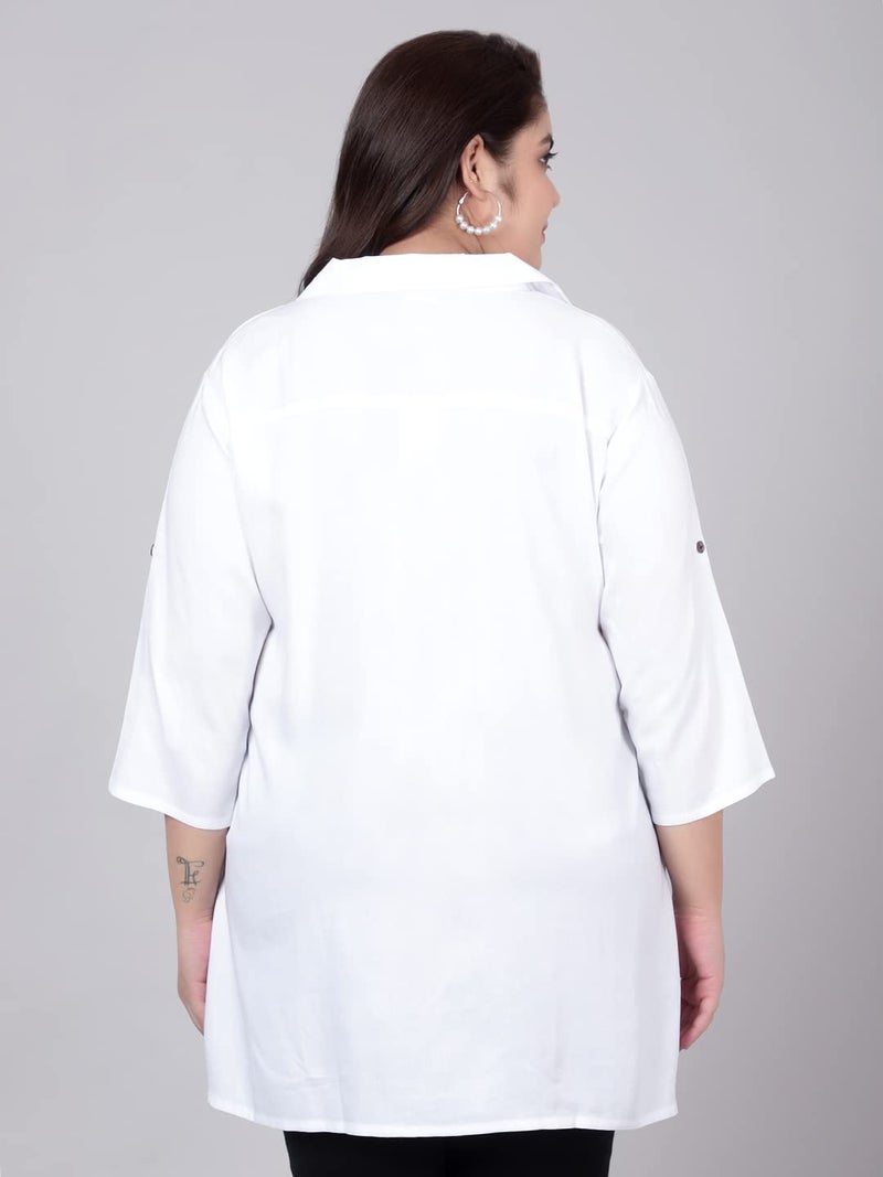 Indietoga Women's Plus Size Rayon Longline Casual Regular Fit Shirts (P10001365_White Solid_7Xl) - Image 5