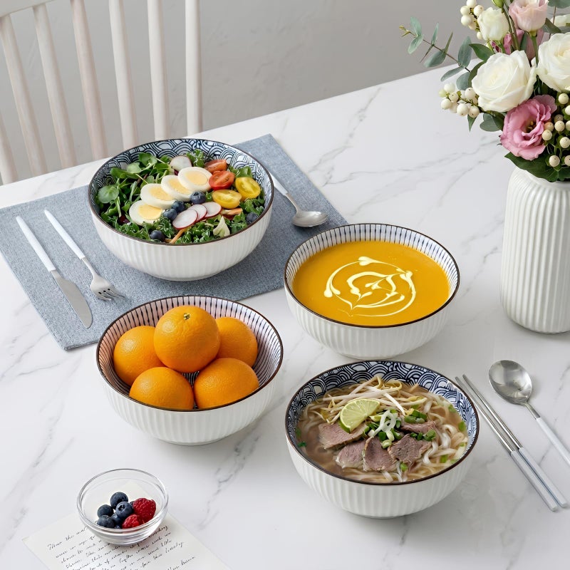 QINLANG 60 oz Large Soup Bowl, Pho Bowls, Japanese Ramen Bowls Set of 3, 8 in Blue and White Porcelain Big Bowls for Eating - 3 Mixing Patterns - Image 5