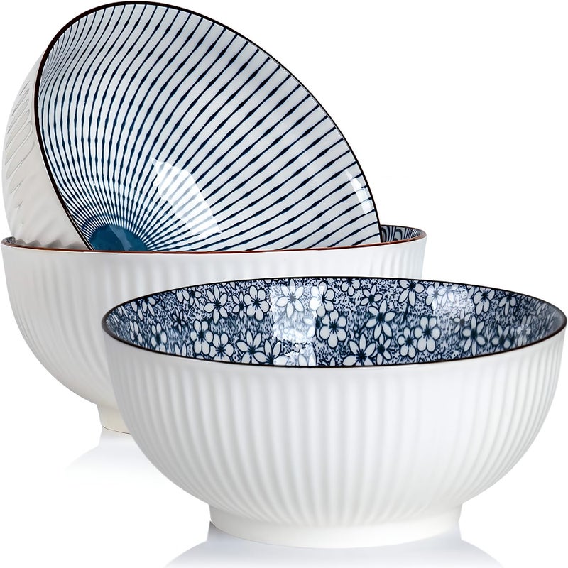 QINLANG 60 oz Large Soup Bowl, Pho Bowls, Japanese Ramen Bowls Set of 3, 8 in Blue and White Porcelain Big Bowls for Eating - 3 Mixing Patterns - Image 1