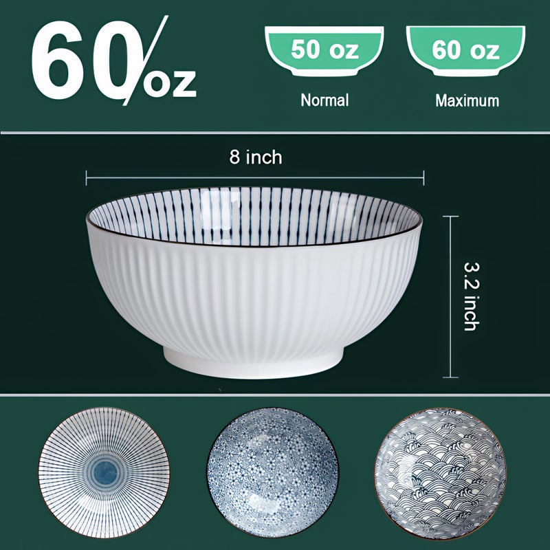 QINLANG 60 oz Large Soup Bowl, Pho Bowls, Japanese Ramen Bowls Set of 3, 8 in Blue and White Porcelain Big Bowls for Eating - 3 Mixing Patterns - Image 2