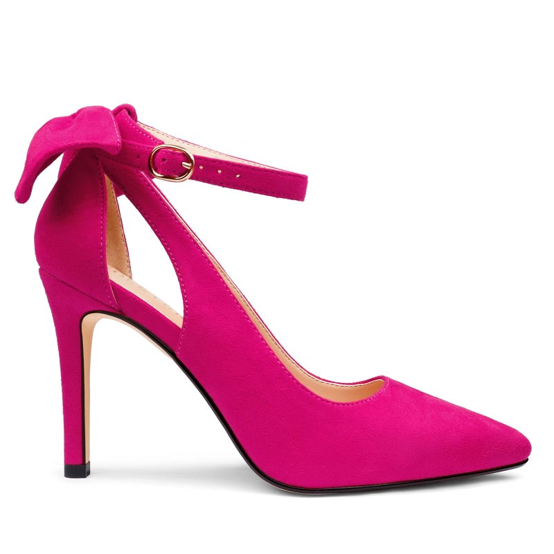 COLETER Womens Bow Knot High Heels Pointed Toe Stiletto Ankle Strap D'Orsay Pumps Bow Evening Dress Shoes Suede Hot Pink 8US - Image 5