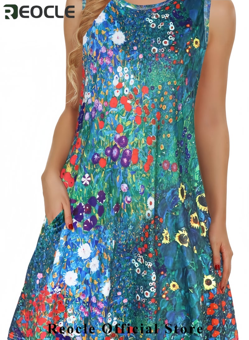 ريوكل فستان صيفي نسائي كاجوال للشاطئ بدون أكمام مطبوع عليه زهور مع جيب - Image 2