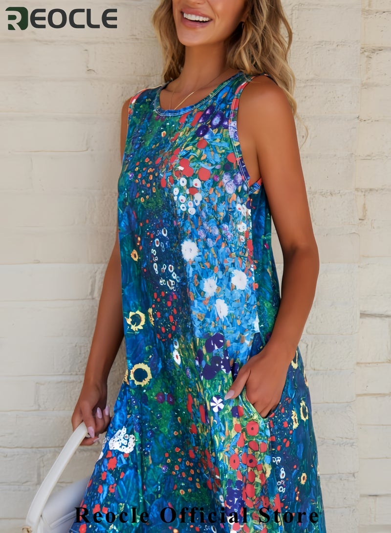 ريوكل فستان صيفي نسائي كاجوال للشاطئ بدون أكمام مطبوع عليه زهور مع جيب - Image 4