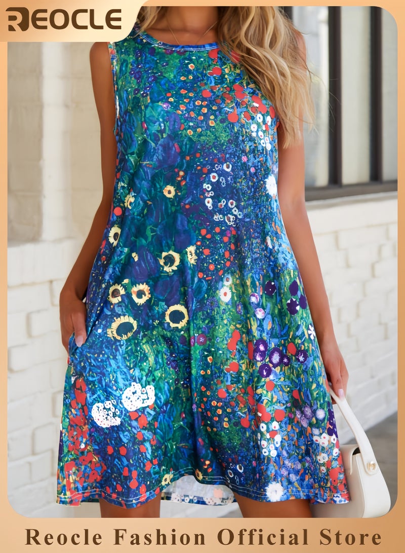 ريوكل فستان صيفي نسائي كاجوال للشاطئ بدون أكمام مطبوع عليه زهور مع جيب - Image 1