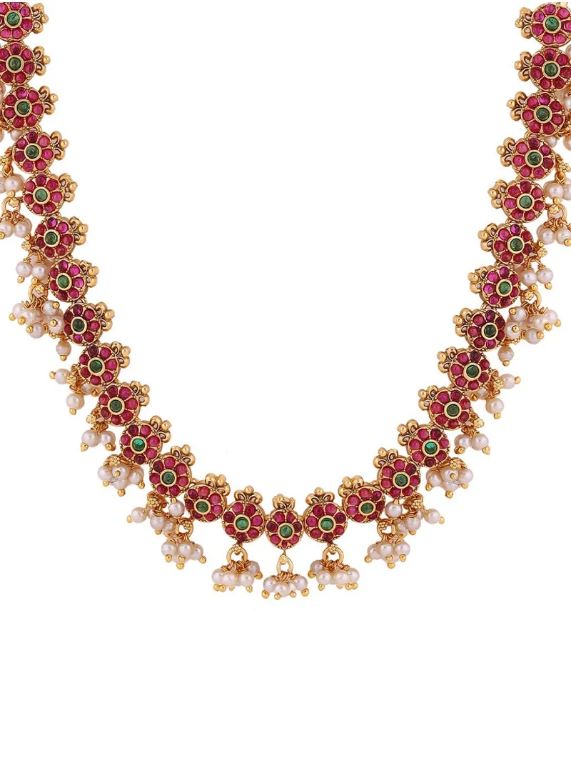 Priyaasi Plated Temple Ruby Pearls  Stone Studded Floral Pattern Jewellery Set