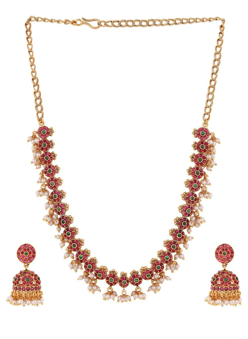Priyaasi Plated Temple Ruby Pearls  Stone Studded Floral Pattern Jewellery Set