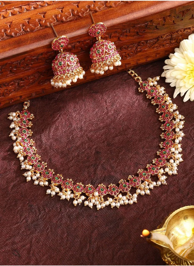 برياسي Plated Temple Ruby Pearls  Stone Studded Floral Pattern Jewellery Set