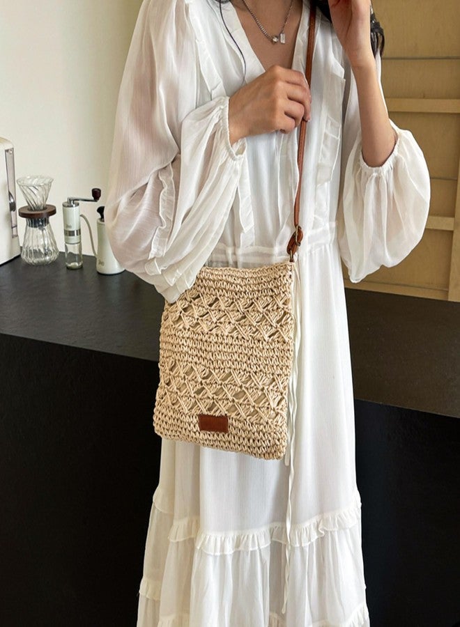 Bototack Summer Straw Bag for Women, Small Beach Crossbody Bag with Zipper and Adjustable Strap, Bohemian Weave Handmade Shoulder Handbags for Holiday Beach Travel (Beige) - Image 3