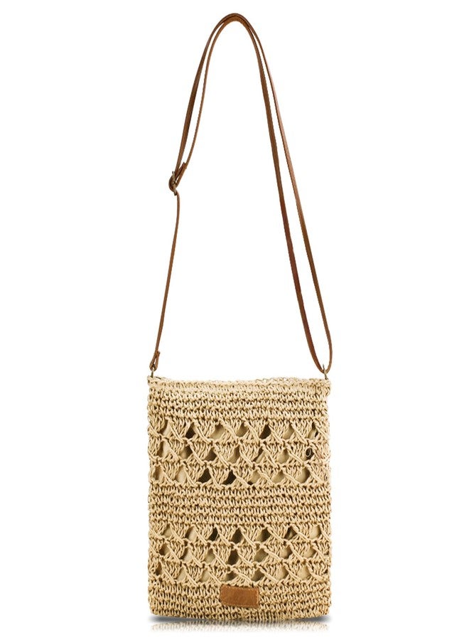 Bototack Summer Straw Bag for Women, Small Beach Crossbody Bag with Zipper and Adjustable Strap, Bohemian Weave Handmade Shoulder Handbags for Holiday Beach Travel (Beige) - Image 1