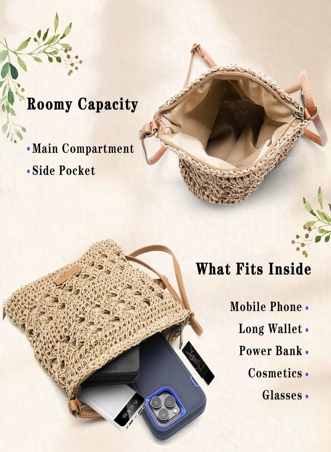 Bototack Summer Straw Bag for Women, Small Beach Crossbody Bag with Zipper and Adjustable Strap, Bohemian Weave Handmade Shoulder Handbags for Holiday Beach Travel (Beige) - Image 5