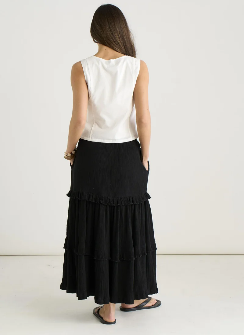 Gini London Black Tiered Cotton Skater Maxi Skirt