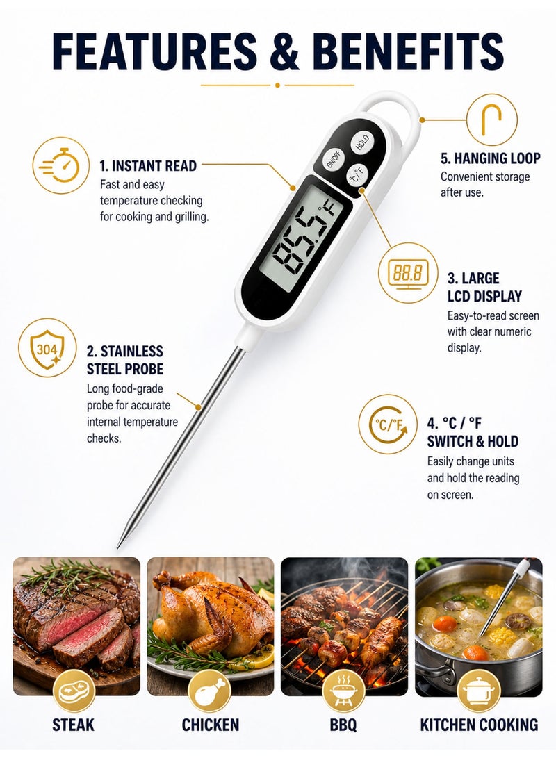 Digital Meat Thermometer for Cooking, Instant Read Food Thermometer with Stainless Steel Probe for BBQ, Grilling, Baking & Kitchen Use - Image 2