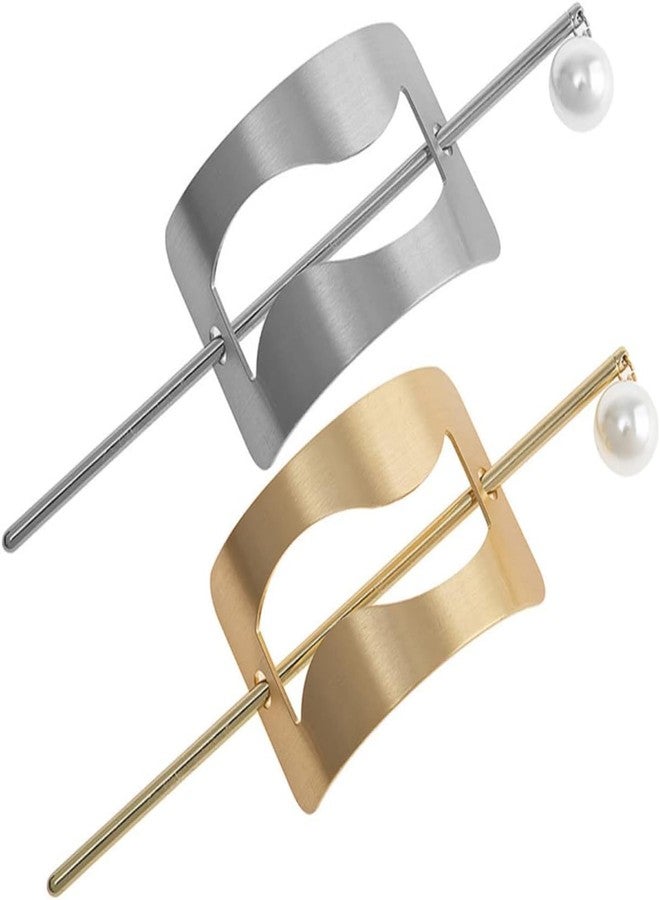 WECROO Pearl Hair Clips, Wave Design Metal Barrettes, Gold and Silver, 2-Pack Metal Juda Stick Bun Pin Hair Updo Stick Hair Accessories for Women Girls (Gold,Silver) - Image 1
