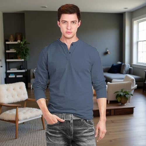 fanideaz Mens Full Sleeve Henley T Shirt 100 Percent Cotton Casual T Shirt for Men Soft Slim Fit_0266BL_3XL_Blue Marl - Image 4