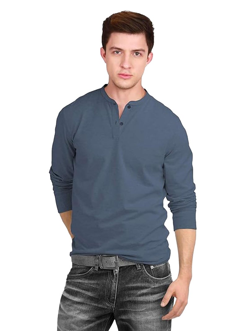 fanideaz Mens Full Sleeve Henley T Shirt 100 Percent Cotton Casual T Shirt for Men Soft Slim Fit_0266BL_3XL_Blue Marl - Image 2