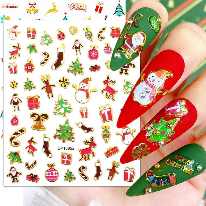 Christmas Nail Stickers, 3D Metallic Christmas Nail Art Decals Snowflakes Christmas Tree Snowmen Santa Claus Reindeer Gift Xmas Nail Design Self-Adhesive Metal Gold Winter Nail Decals for Women Girls(9 Sheets )