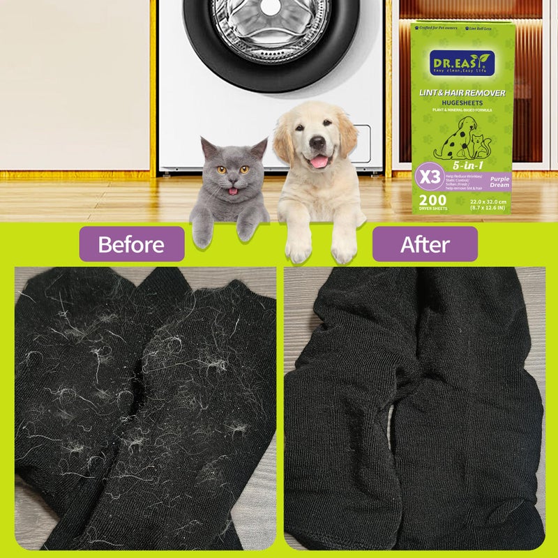 DR. EASY Dr.Easy LINT & HAIR REMOVER Pet HUGESHEETS with 3X Dryer Sheets, Lavender Fresh, 200 Count,PLANT&MINERAL-BASED FORMULA - Image 2