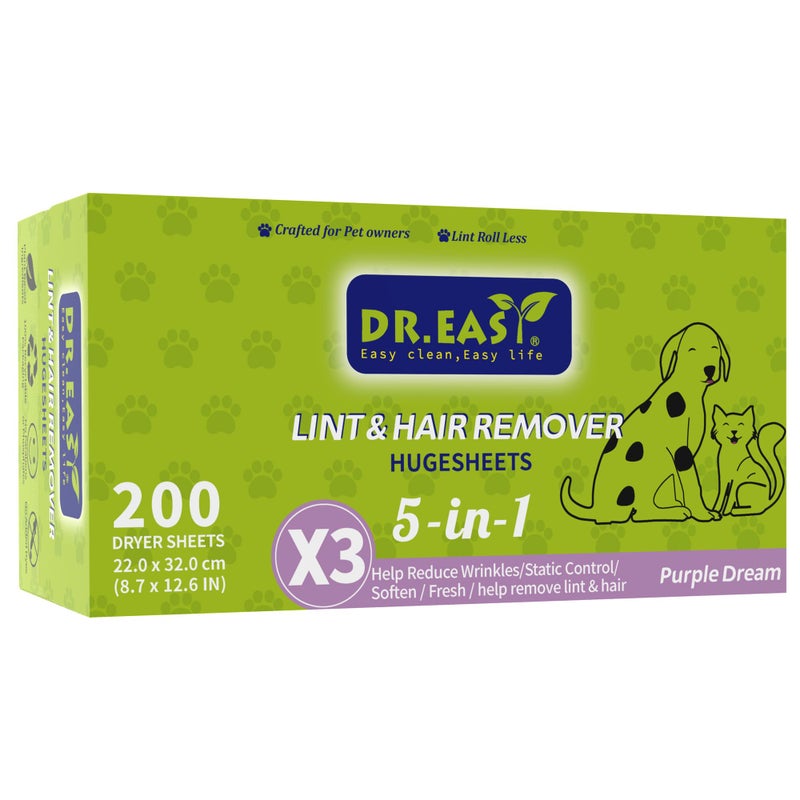 DR. EASY Dr.Easy LINT & HAIR REMOVER Pet HUGESHEETS with 3X Dryer Sheets, Lavender Fresh, 200 Count,PLANT&MINERAL-BASED FORMULA - Image 1