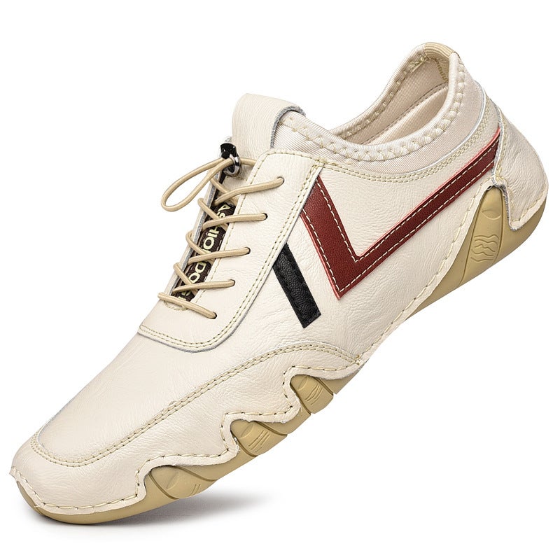 Doudou shoes 2022 new autumn men's leather soft bottom trend Korean version all-match personality driving shoes men's shoes White ribbon 42 - Image 1