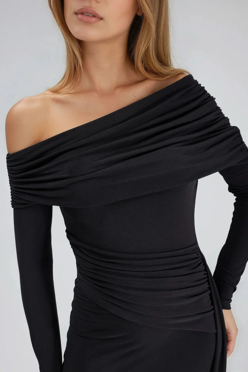 Hiccup Black Asymmetrical Bodycon Maxi Dress with Slit for Women | Best Price UAE